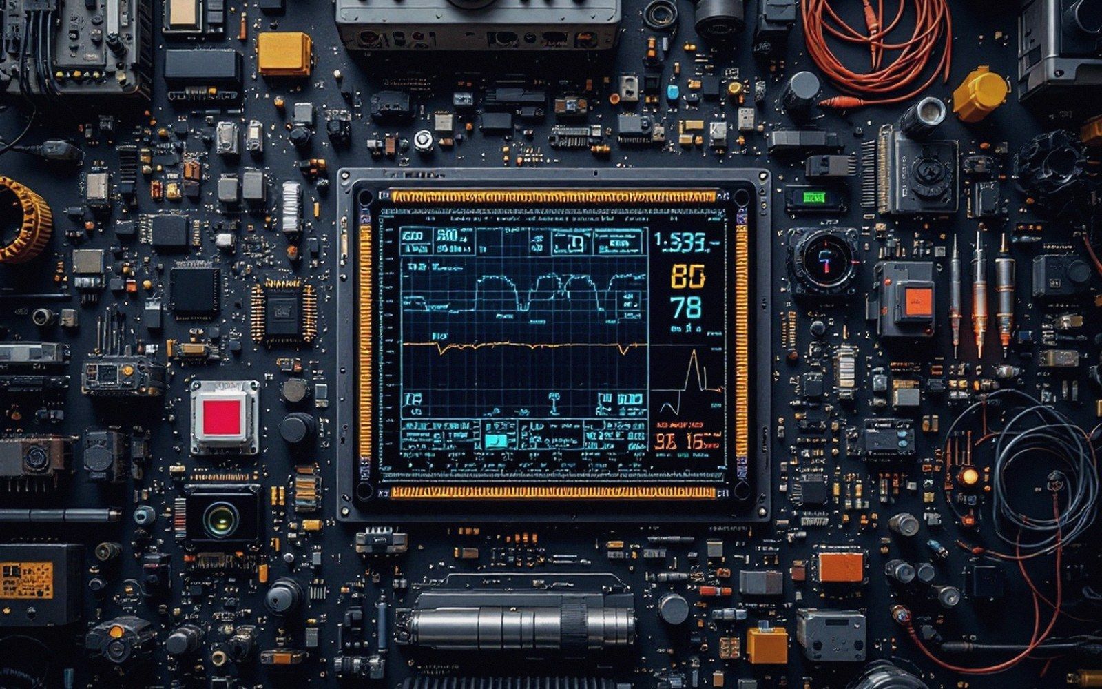 A digital display showing waveform graphs embedded in a densely packed circuit board