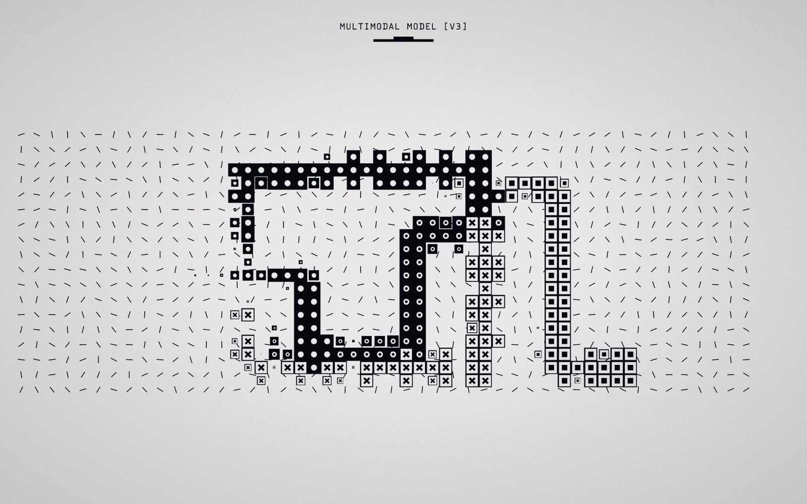 Abstract pixelated numerals formed from dots, squares and symbols against a field of small dashes