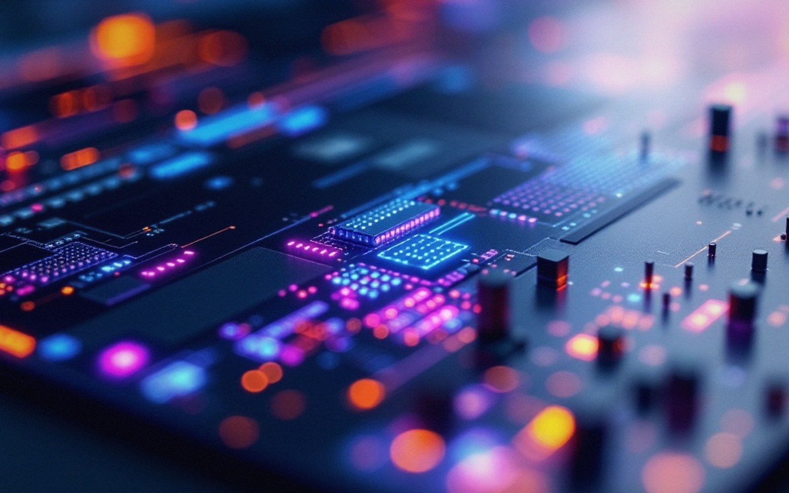 Close-up of a circuit board with glowing blue and purple illuminated components