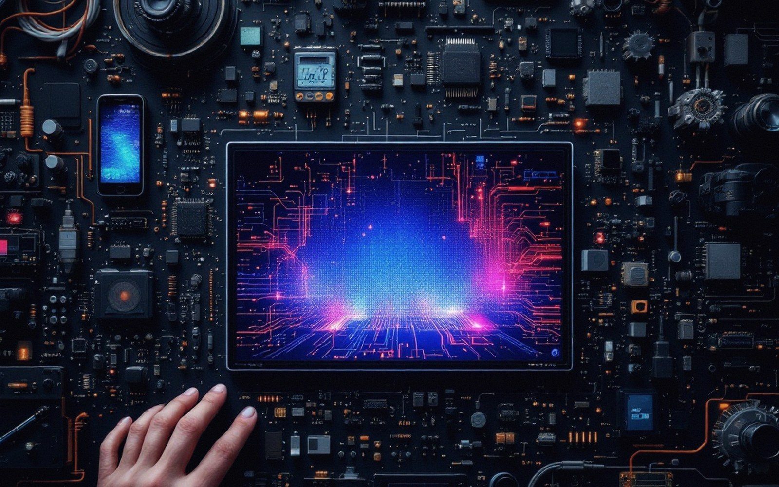 A hand reaches toward a glowing tablet screen surrounded by circuit boards and chips